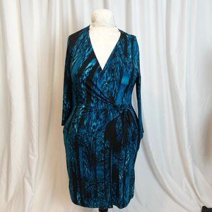 Classic Turquoise and Black Faux Wrap Dress with Long Sleeves Plus Size